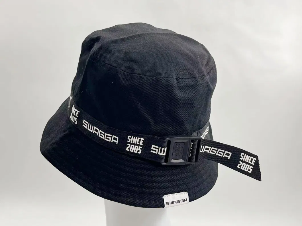 Simple Black Child Bucket Hat with Print Ribbon and Decoration Button