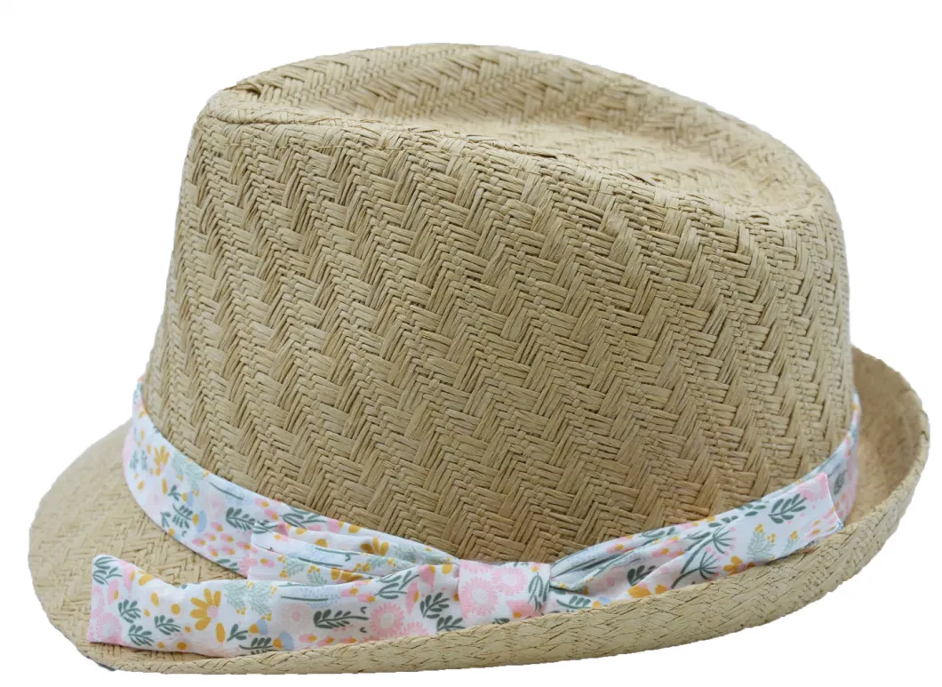 Wholesale Beige Children Straw Hats with Full Print Pattern and Fashion Tape BSCI, Oeko Tex